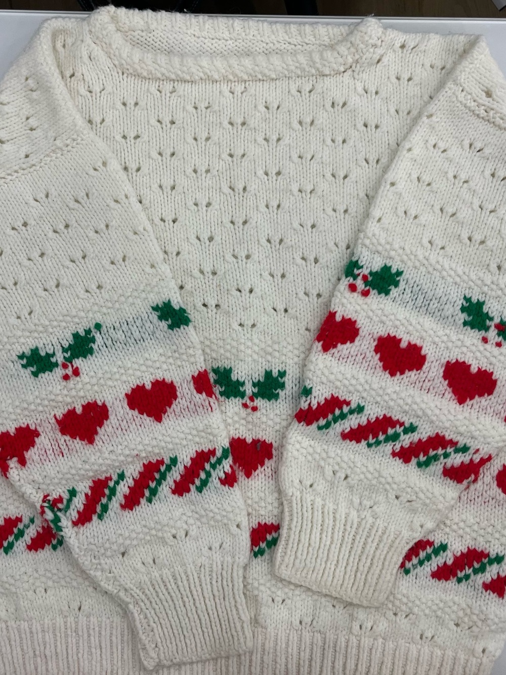 100% Hand Knit Classic Cream Holiday Knit Sweater with Red & Green Pattern